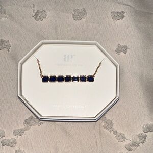 Bomb Party Gold Bar Necklace with Deep Blue Square Stones